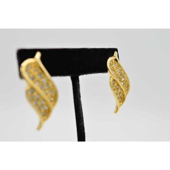 Vintage Leaf Earrings Shiny Pave Rhinestone Crystal Gold Dangle 1980s 9C - Picture 5 of 7